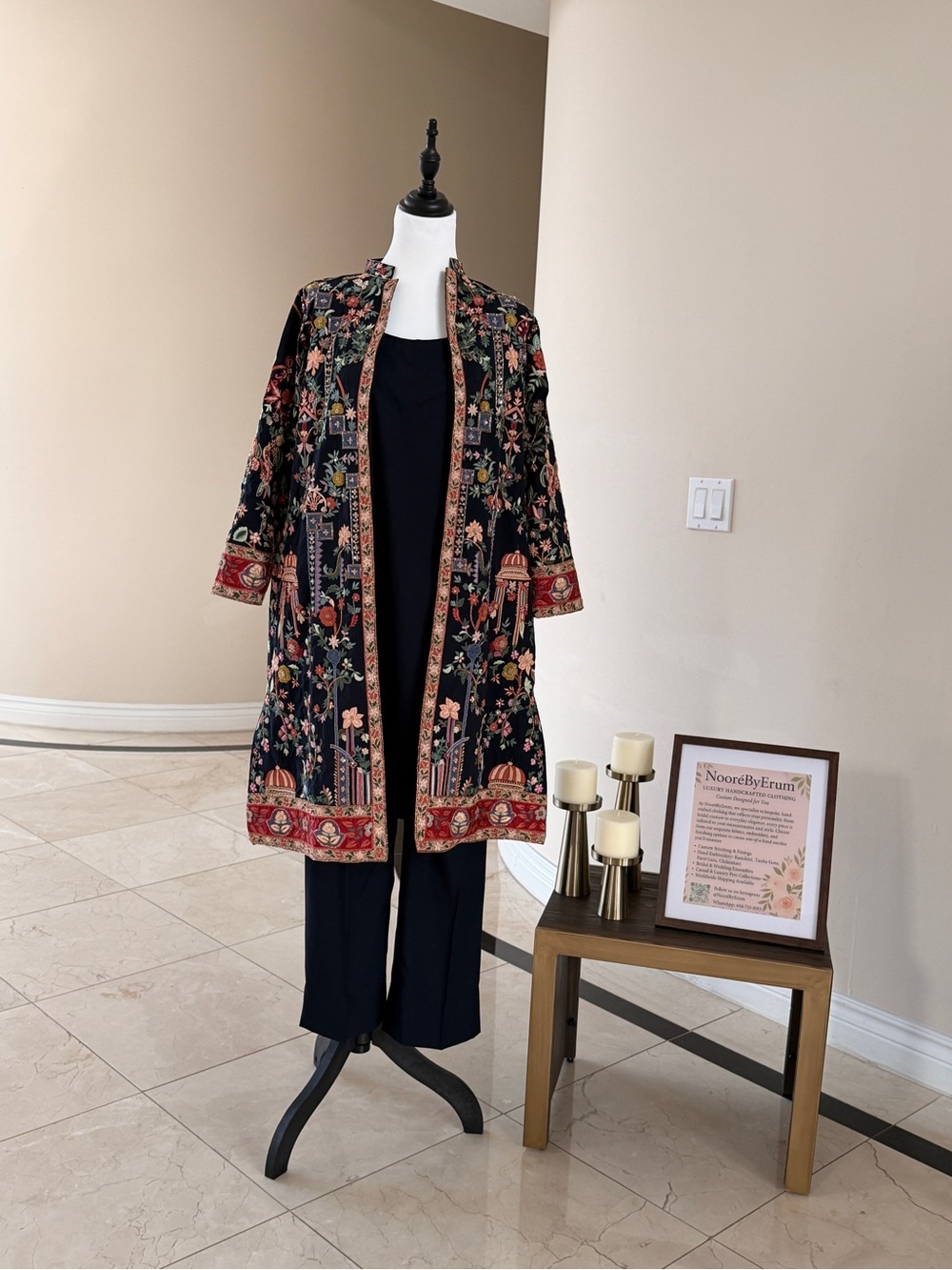 Hand Embroidered Navy Blue Floral Long Kimono Jacket with hand embellishments.